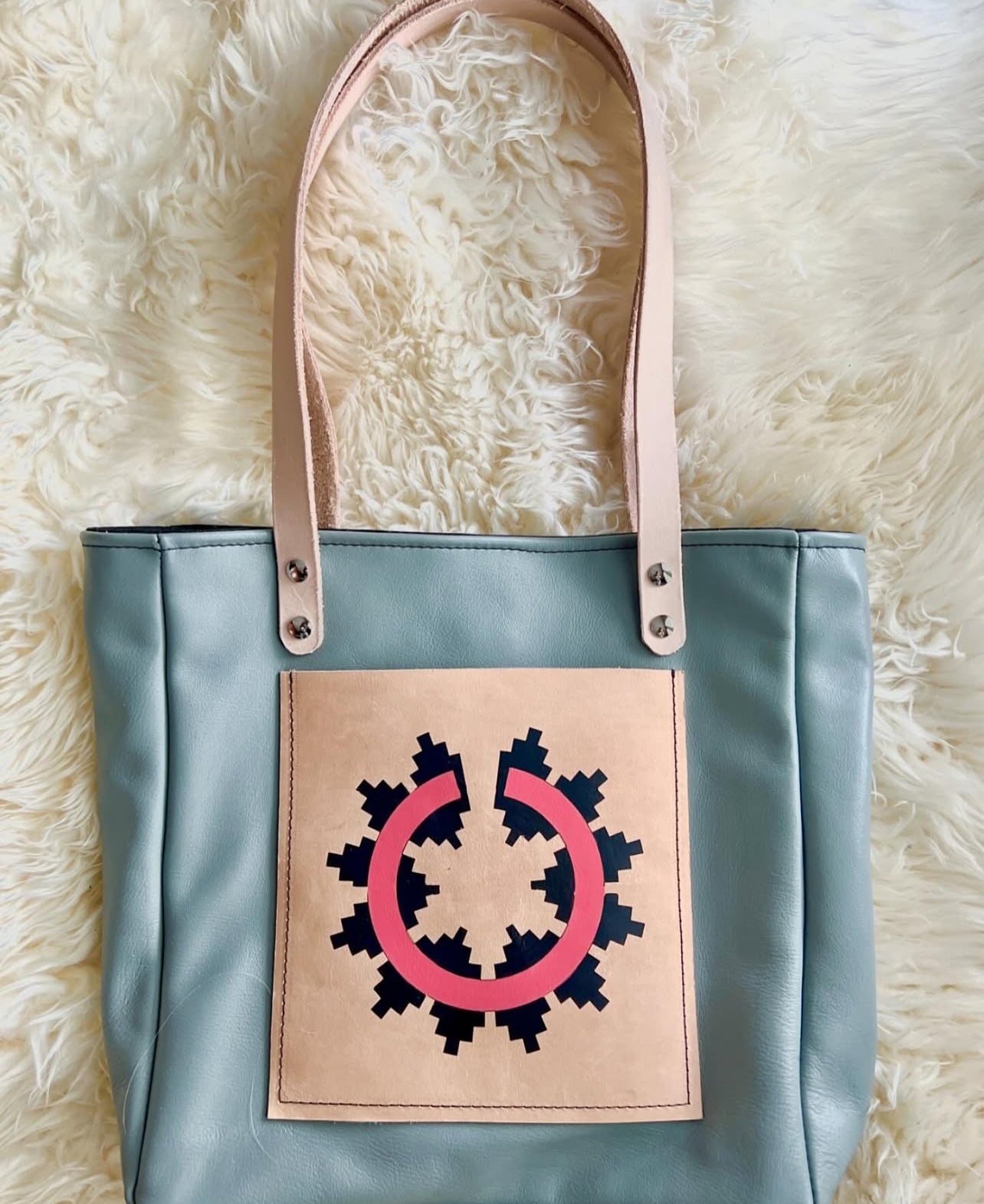 Leather Tote Bag Bear Navajo Basket
